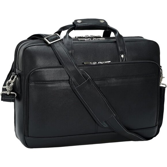 ⚡Men Black Fits 17.3 Inch Laptop Crossbody Bag Attached Leather Briefcase - Picture 1 of 9